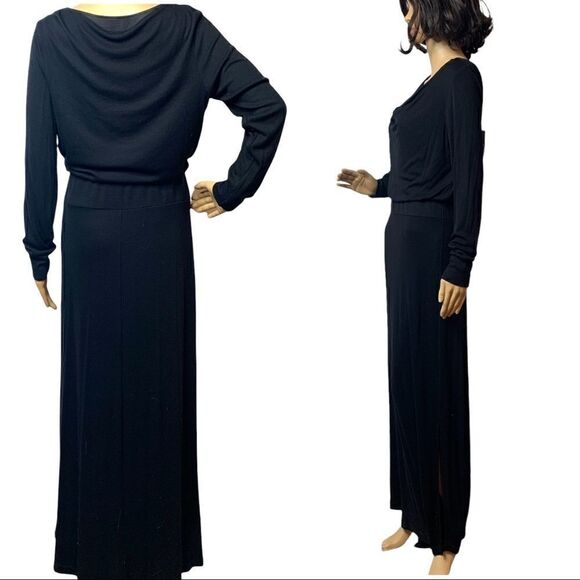 Black Maxi Dress Chicos Cowl Neck Side Slit Ribbed Blouson Size Small 8 10 NWT - Picture 6 of 11